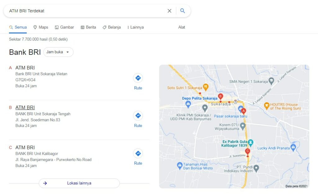 Mencari ATM BRI Terdekat di Google Search
