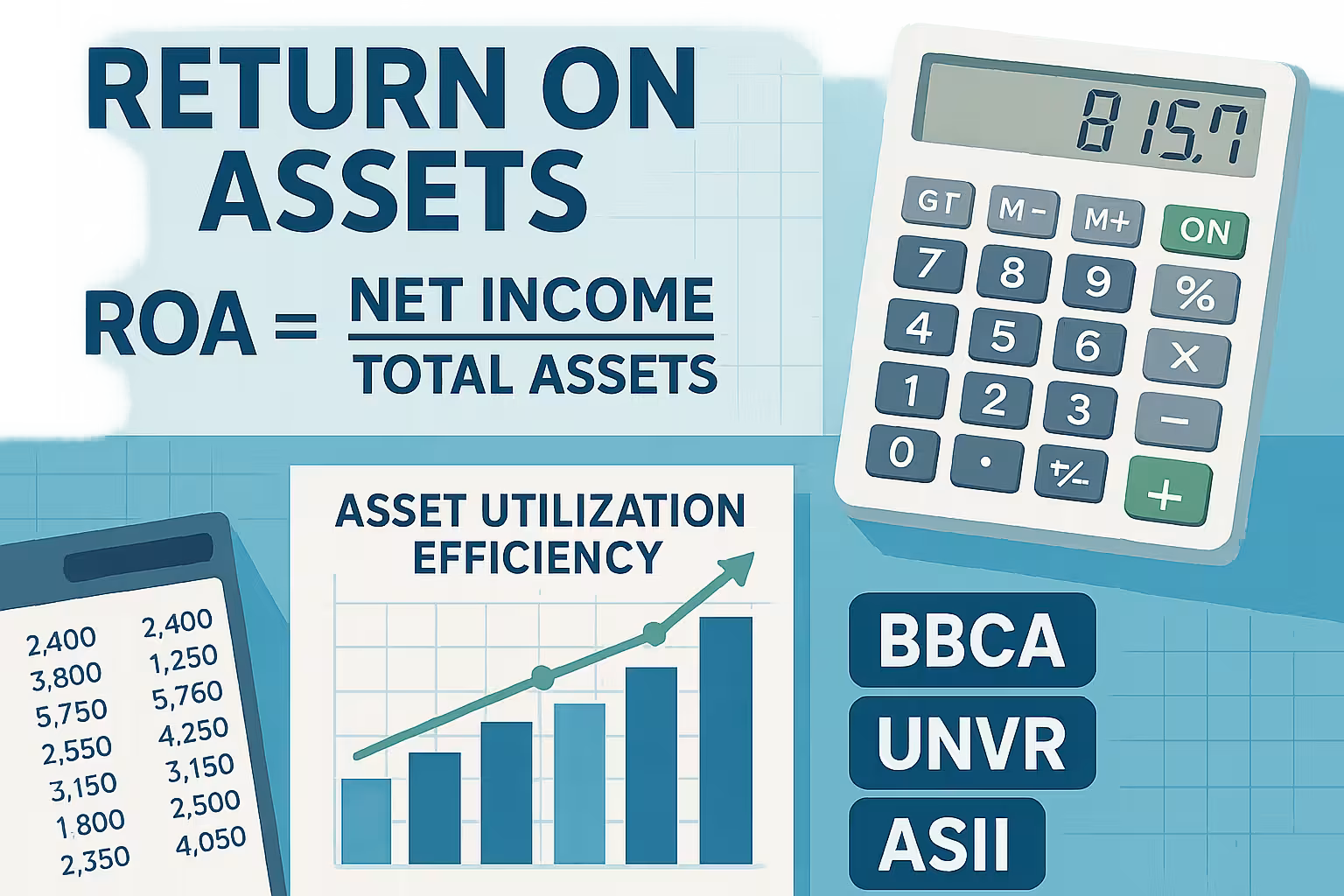 Apa itu ROA saham - infografik Return on Assets dengan formula dan analisis efisiensi aset