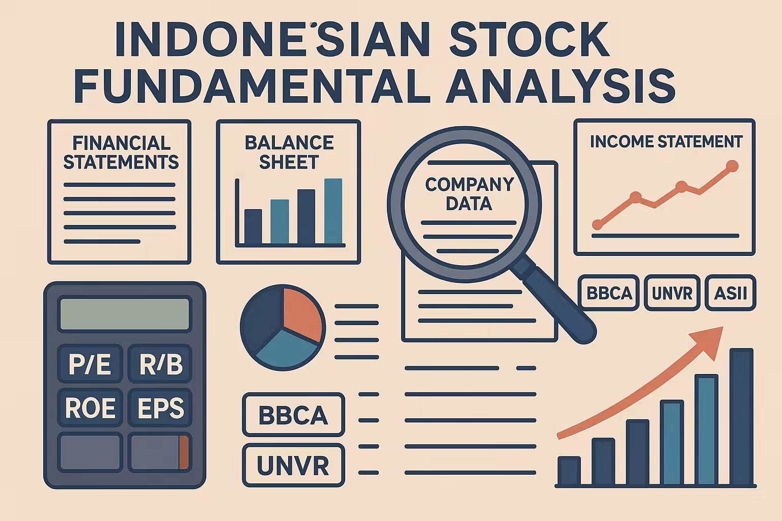 Apa itu fundamental saham - infografik analisis fundamental dengan laporan keuangan dan rasio finansial