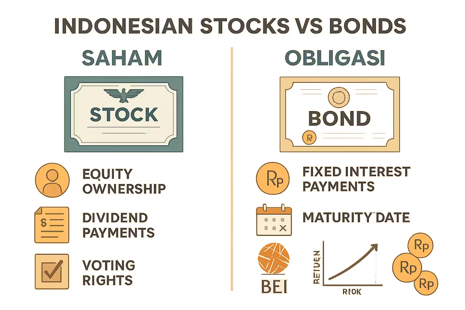 Apa perbedaan saham dan obligasi - infografik perbandingan saham vs obligasi Indonesia