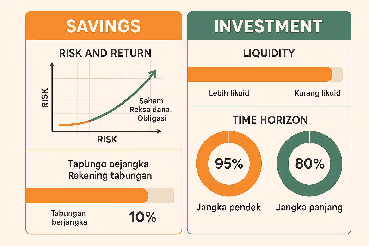 Chart perbandingan karakteristik tabungan vs investasi - risiko, return, dan likuiditas