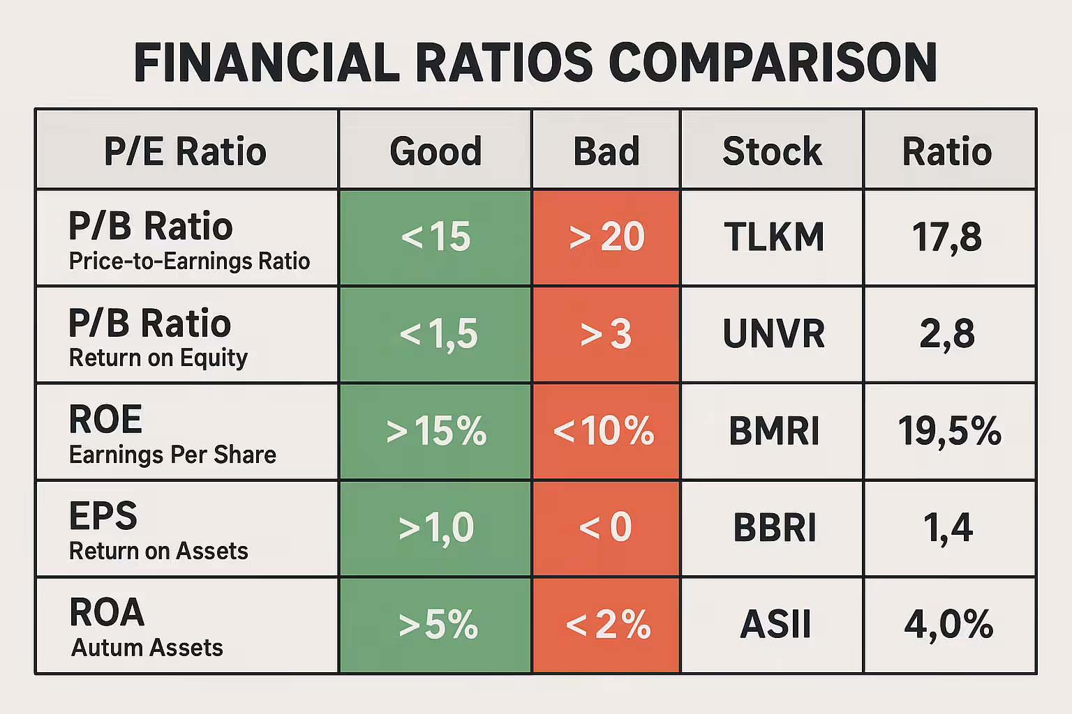 Chart perbandingan rasio keuangan P/E, P/B, ROE, EPS dengan indikator baik dan buruk untuk analisis saham