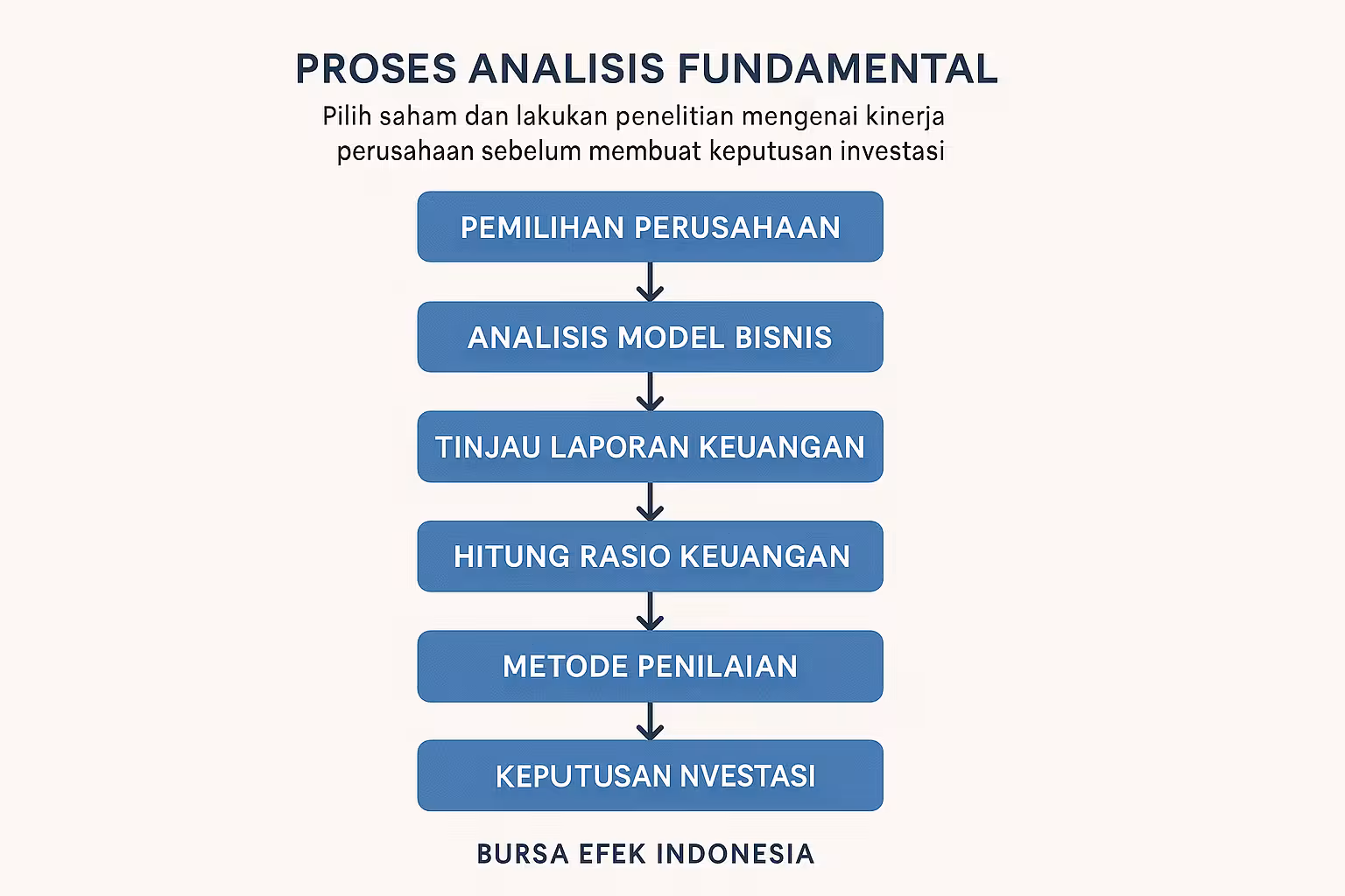 Flowchart proses analisis fundamental saham dari seleksi perusahaan hingga keputusan investasi