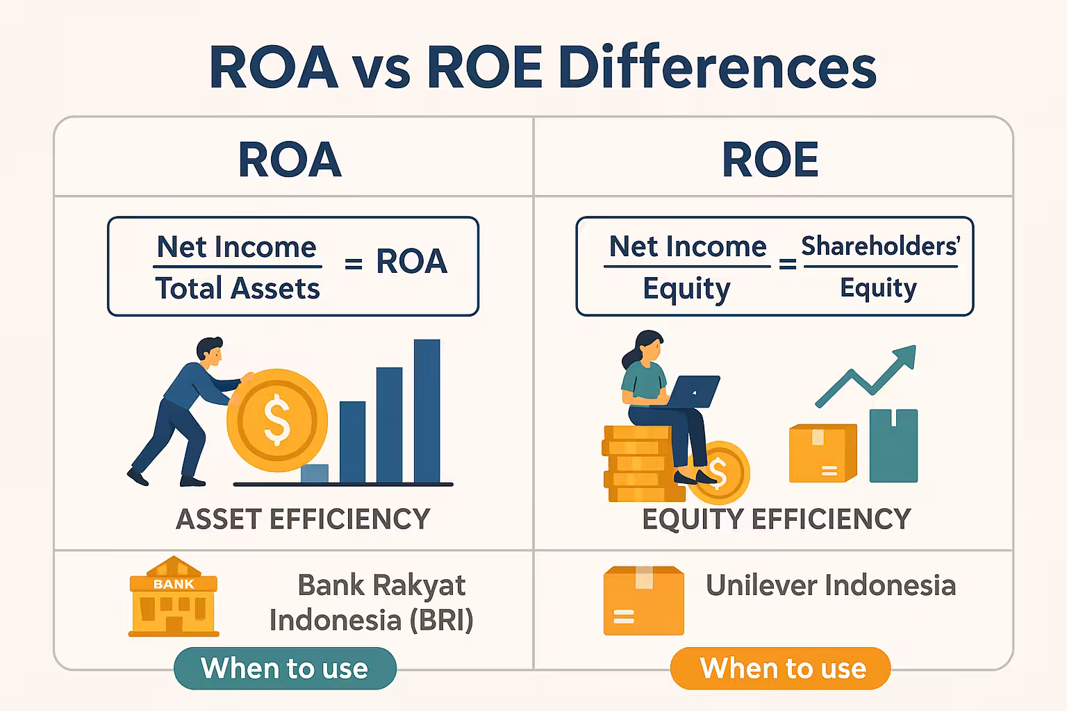 Perbandingan ROA vs ROE - chart perbedaan formula dan penggunaan dalam analisis saham